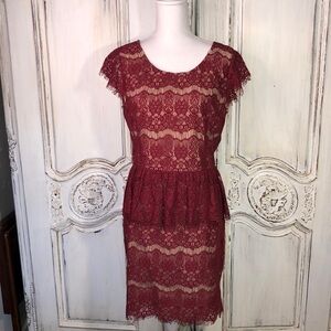 Anthropologie Maeve Crimson Lace Overlay Peplum Cap Sleeve Dress Size Medium